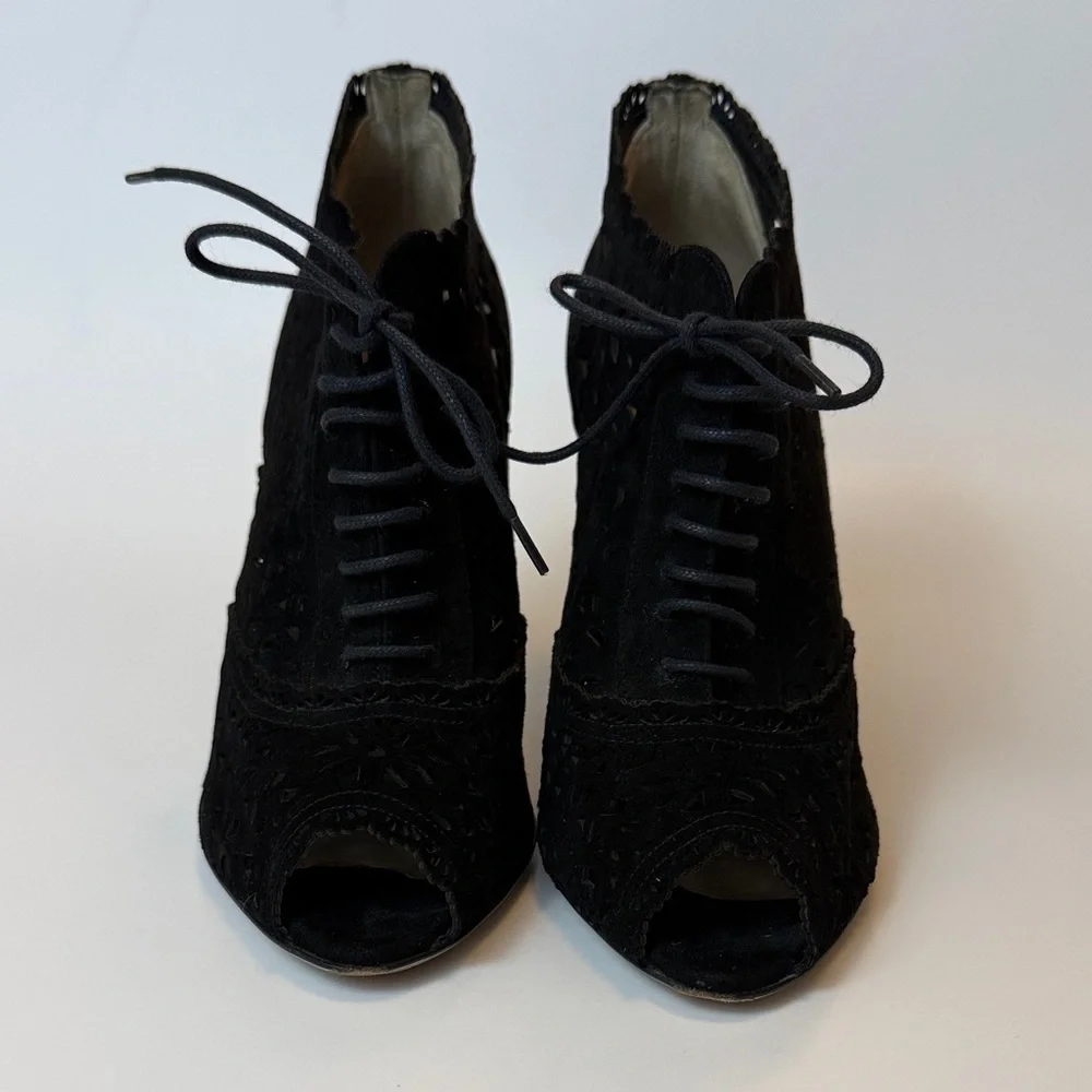 Valentino Garavani Black‎ Suede Lace Cut Out Boot Heels Size 37